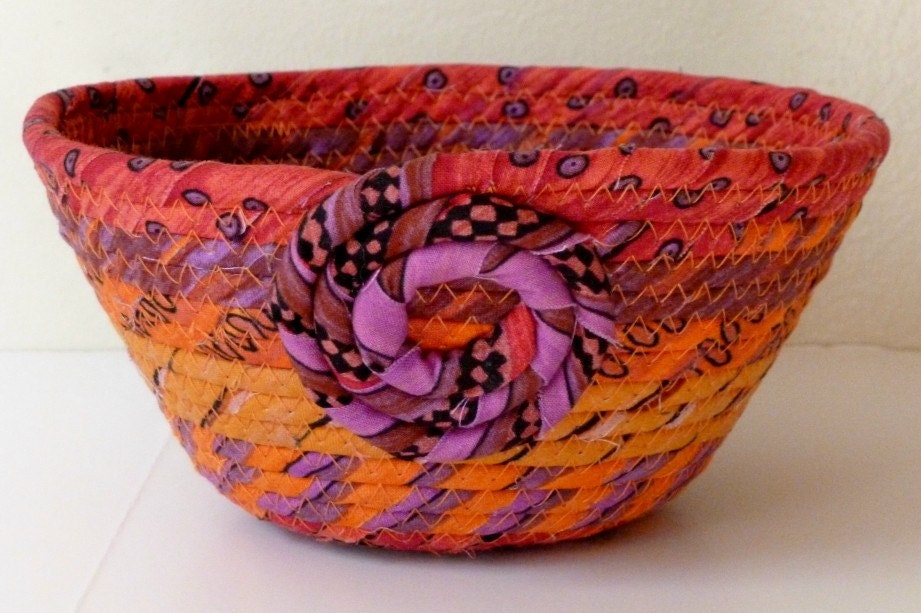 Small Fabric Coiled Bowl/Basket in Orange, Purple, Berry