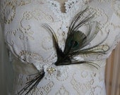 Ivory Ribbon Sash with Lace, pearls and Peacock Feathers