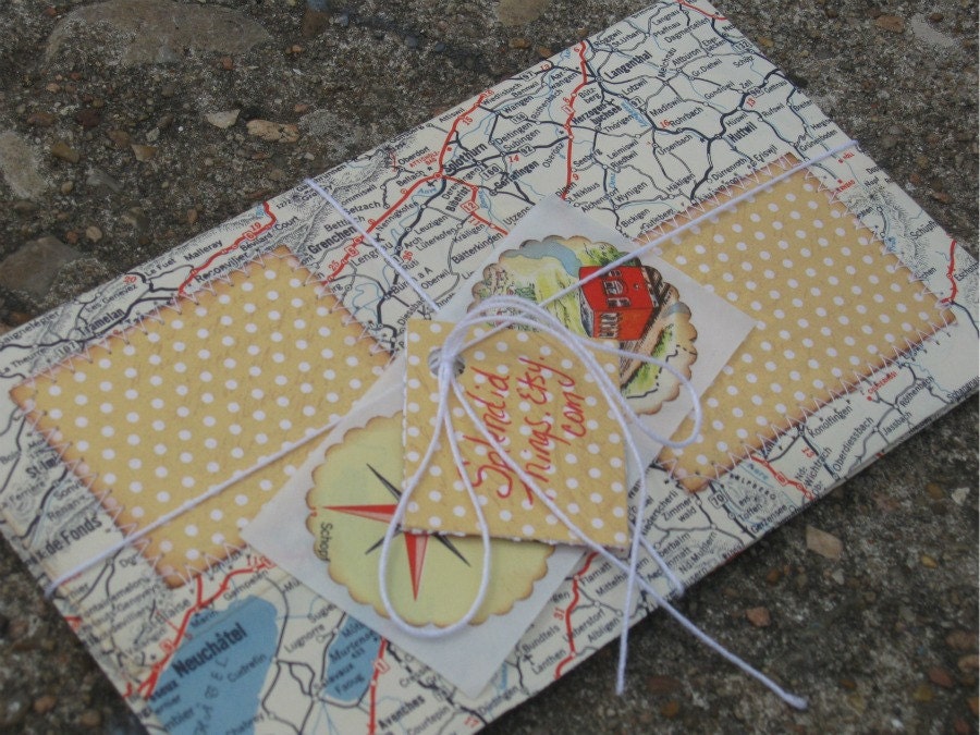 Handmade envelopes from upcycled Switzerland map. Stitched with envelope seals. Set of 2
