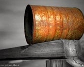 Orange Appeal - 8x12 or 8x10 signed photography print of a rusty can on an old wooden railing