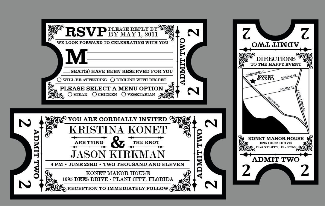 Vintage - Antique Victorian Edwardian Movie Ticket Wedding Invitation Set with Address Labels