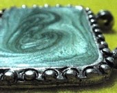Rectangular Pendant Giant Light Green Swirl Enamel and Silver Tone W Double Bails Large Epic Awesome Reclaimed