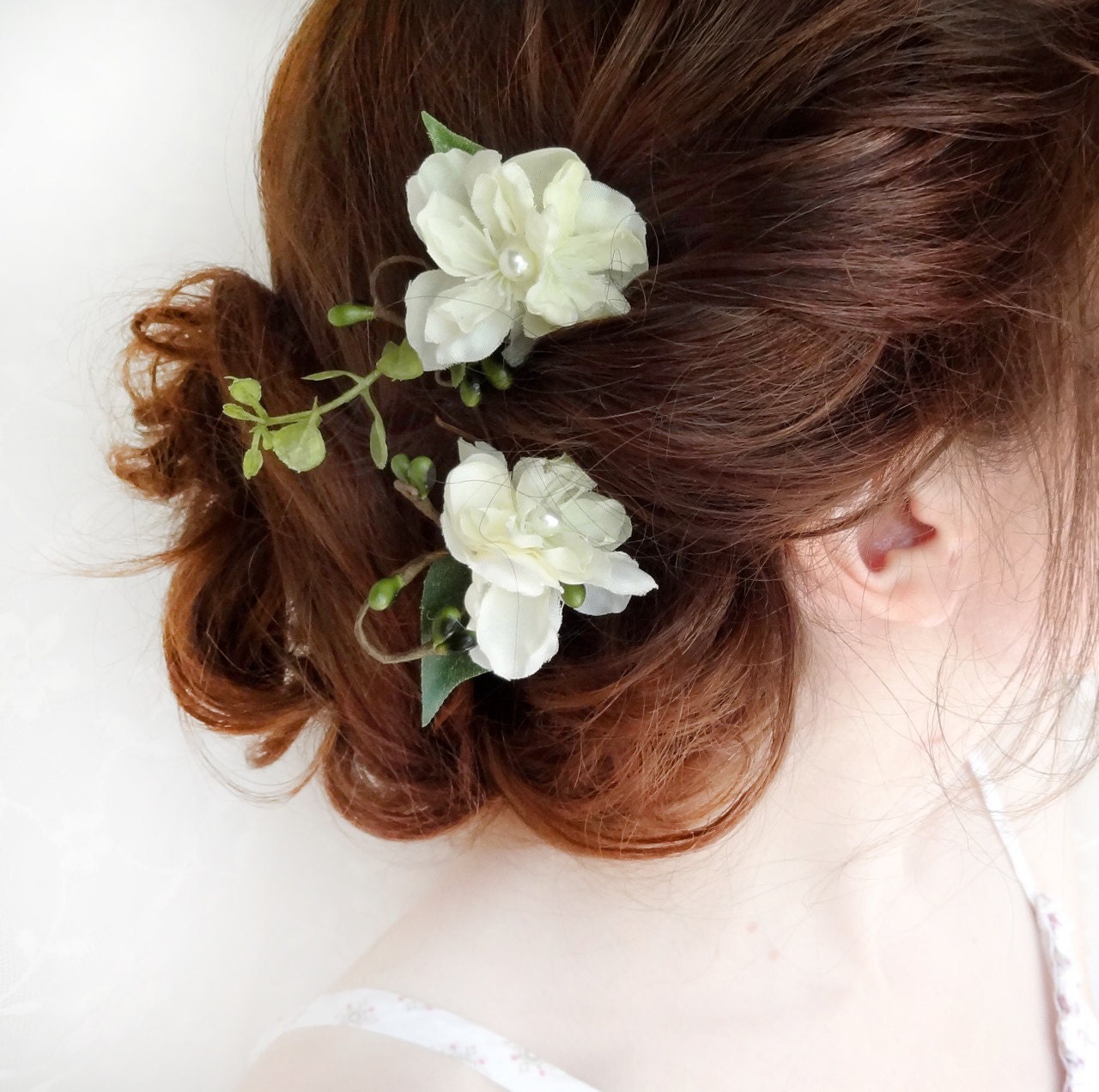 two ivory flower hair pins - WILDFLOWER - ferns and foliage, flower girl, bridal hair