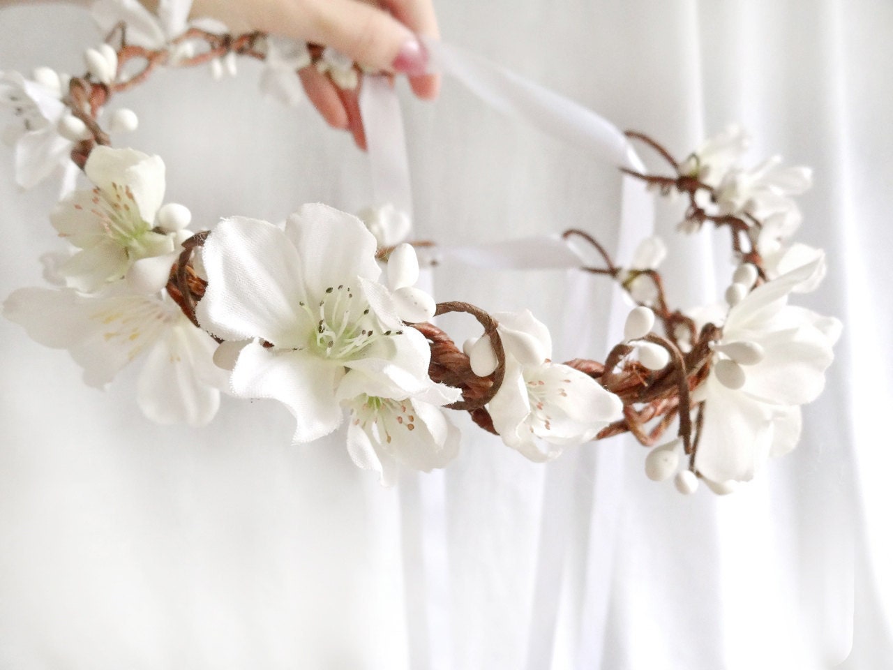 white cherry blossom flower wreath - SHEPHERDESS - ribbon bows, bridal, flower girl