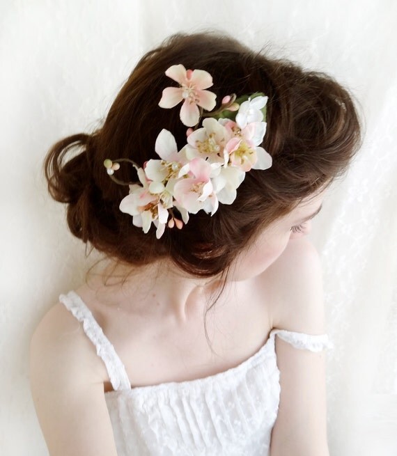 pink cherry blossom hair accessory, wedding hair comb - CHIEKO - bridal hair comb, pink flower, white flower