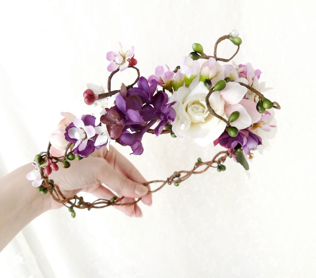 purple wildflower hair wreath, lilac bridal headpiece - WILD BEAUTY - rustic wedding, bridal hair accessories, floral crown