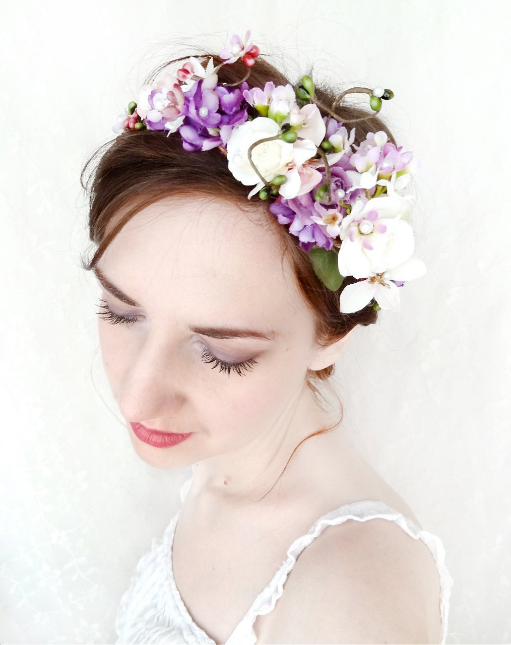 purple wildflower hair wreath, lilac bridal headpiece - WILD BEAUTY - rustic wedding, bridal hair accessories, floral crown