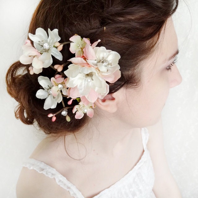 pastel pink / ivory flower hair accessory - DARCY - pearl, rhinestone bridal hair clip