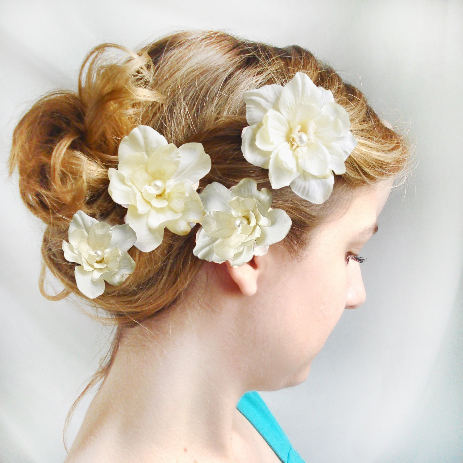 white or ivory flower hair clips - CUPIDS KISSES - wedding hair pins