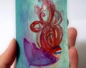 ACEO Print - I am falling down umbrella girl red hair mask teal aqua purple violet rain storm acrylics