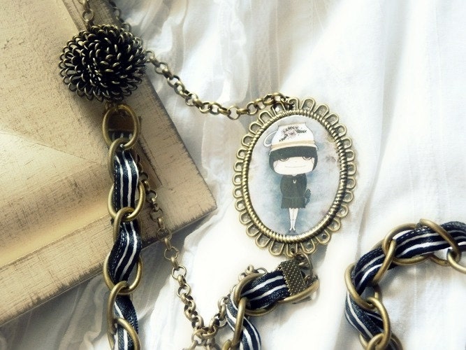 FREE SHIPPING Black necklace fabric - fashion jewelry - Print illustration black white tea lover girl woman stoking stuff