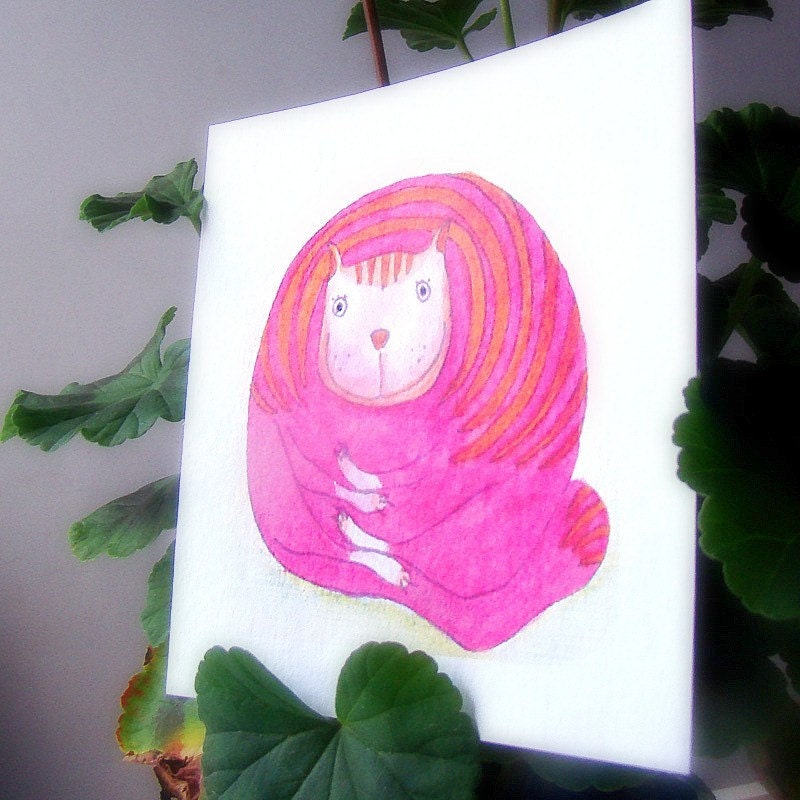 FREE SHIPPING Wall decor - Print art - Mama gato cat magenta pink raspberry fat kitty cat lover children bedding 5 x 5 print