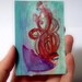 ACEO Print - I am falling down umbrella girl red hair mask teal aqua purple violet rain storm acrylics