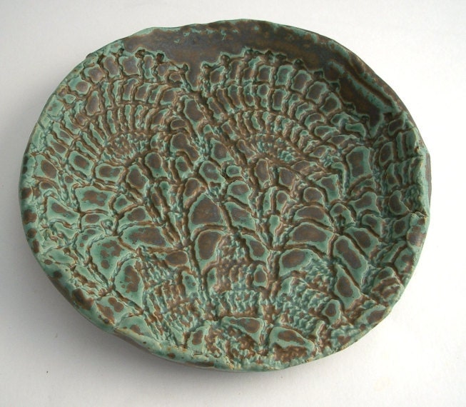 Blue Green Stoneware Dish with Vintage Doily Imprint