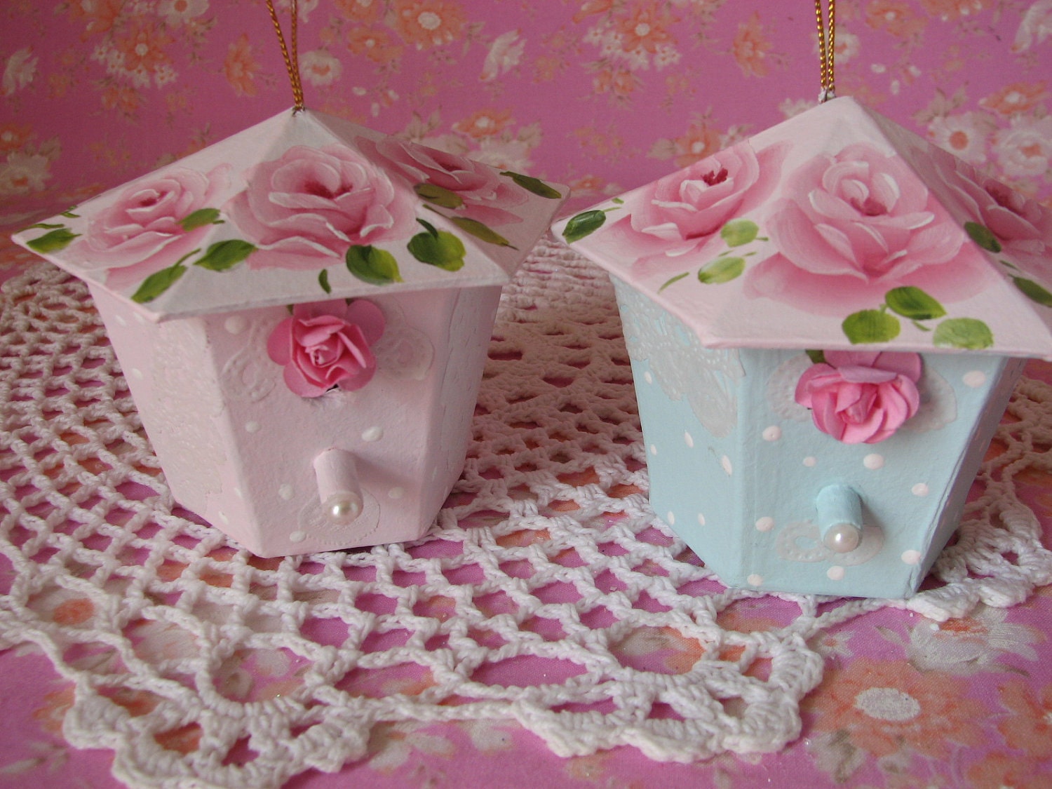 Birdhouse Ornament Paper Mache Aqua Pink Hand Painted Cottage Chic Pink Roses Set of 2