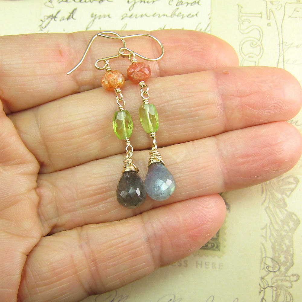 Labradorite, Peridot, Oregon Sunstone, Gold Fill Earrings - (508)