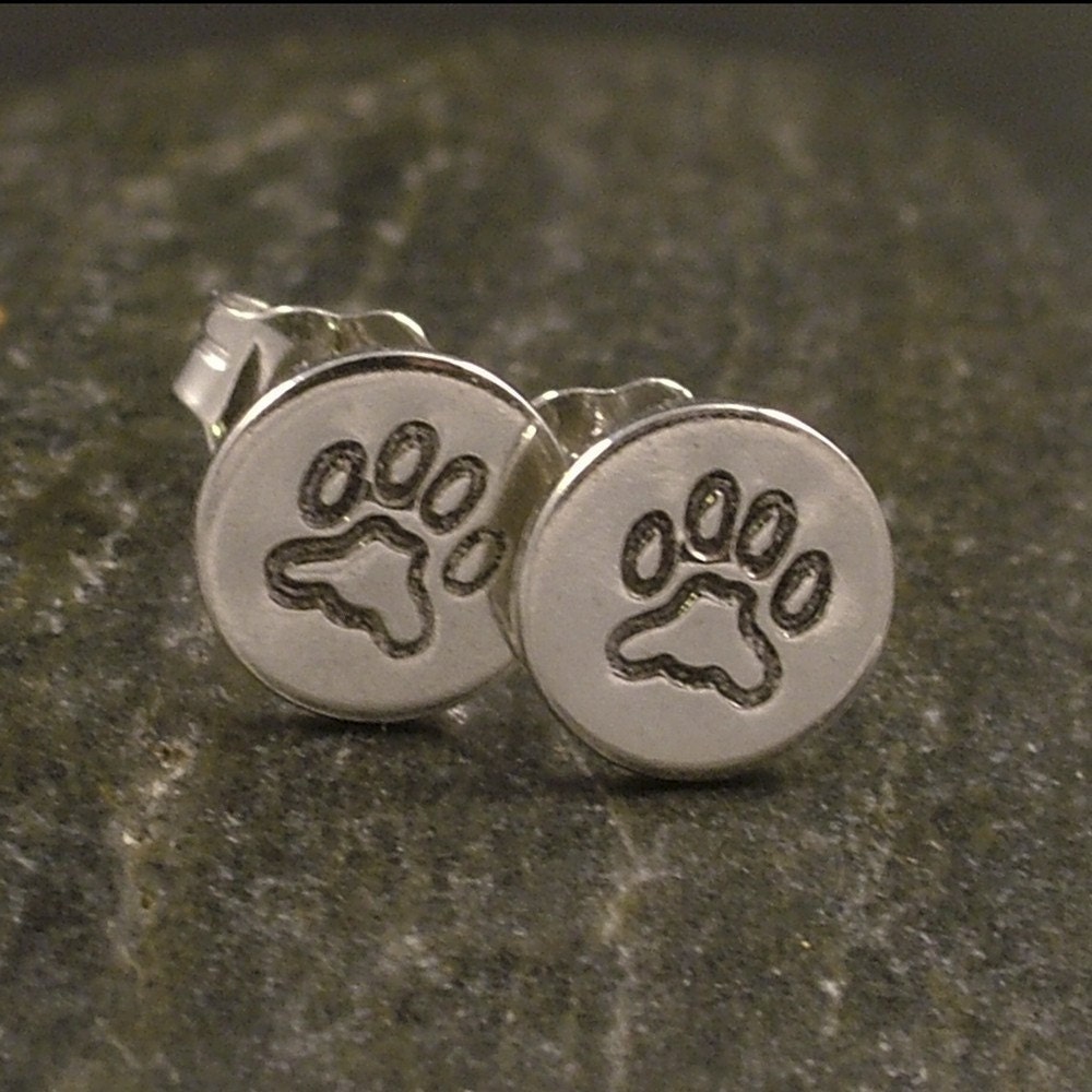 Tiny Lion Paw Sterling Silver Post Earrings - Hand Stamped
