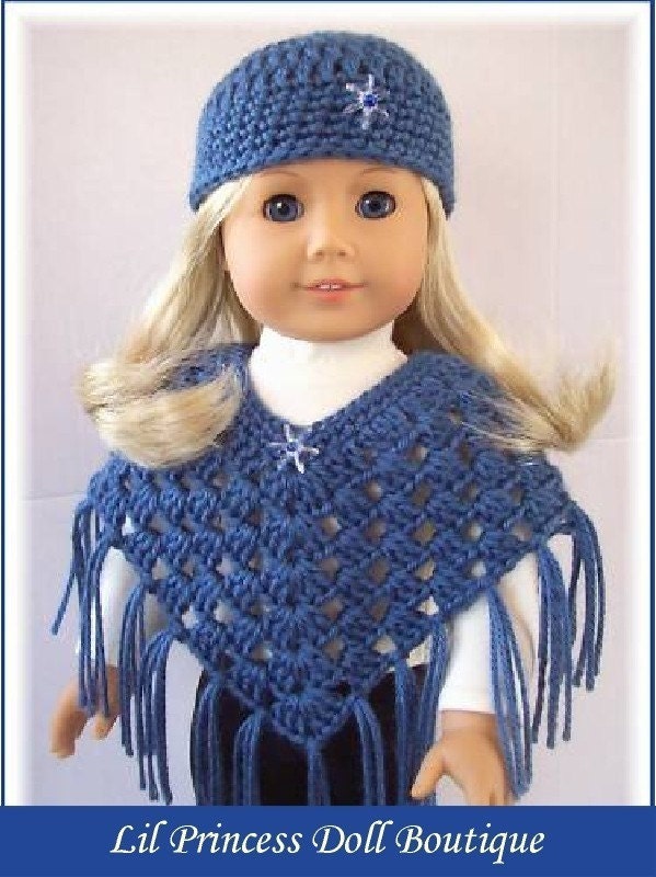 2 Pc Country Blue, Crochet Poncho and Hat Set for American Girl Dolls, 18 Inch Handmade