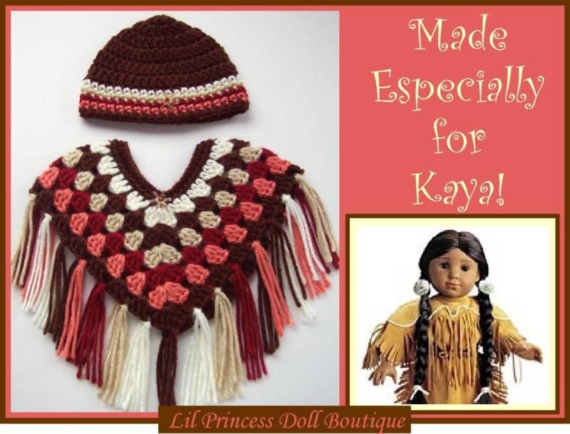 Fits American Girl Dolls, Poncho and Hat Set, Native American Kaya Doll Clothes, Crochet, Handmade