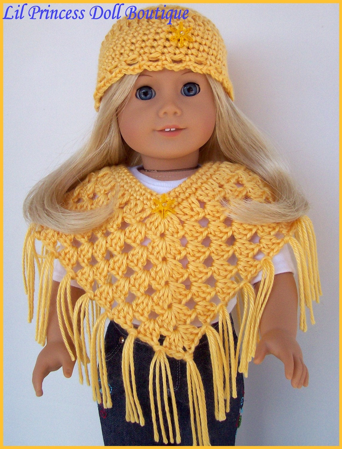 Fits American Girl Dolls, Sunshine Yellow Poncho Set, Crochet, Handmade Doll Clothes