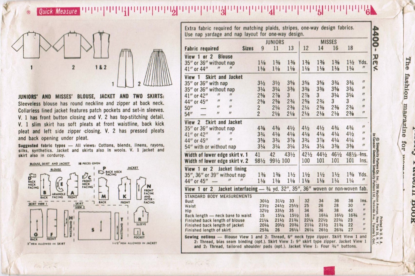 Vintage 1962 Simplicity 4400 UNCUT Sewing Pattern Misses' Blouse, Jacket and Skirts Size 18 Bust 38