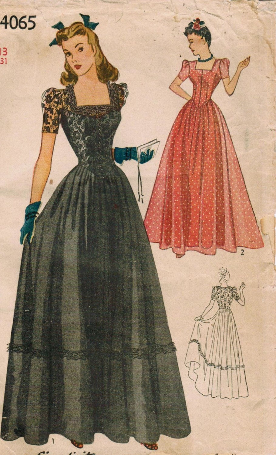 Vintage 1942 Simplicity 4065 Sewing Pattern Junior Misses' Dance Frock Size 13 Bust 31