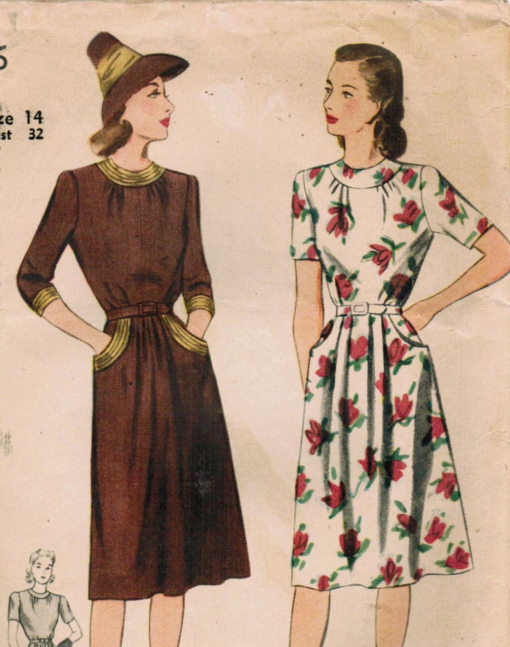 1940s Simplicity 4506 Vintage Sewing Pattern Misses' Dress in Day or Evening Length Size 14 Bust 32