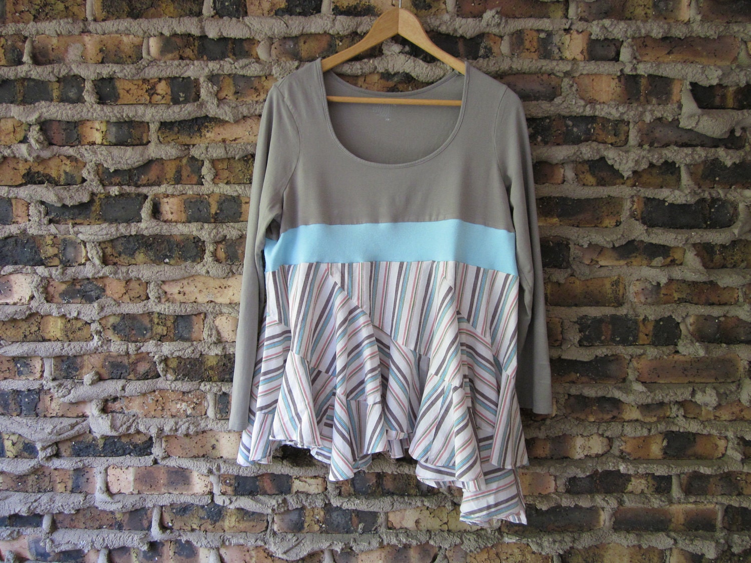 XL Asymmetric Upcycled Long Sleeved Top - Eco Cool Bohemian T-Shirt