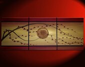 Golden Cherry Blossom Painting Deep Red Flowers Asian Zen Tree Art customize size CUSTOM 64x20