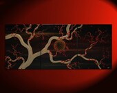Plum Blossom Painting Original Art zen Asian style Black and Gold Midnight Calming Moon 48x20 Custom