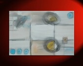Geometric Abstract Painting Circles and Lines Art on Stretched Canvas White Blue Yellow Charcoal Custom 36x24
