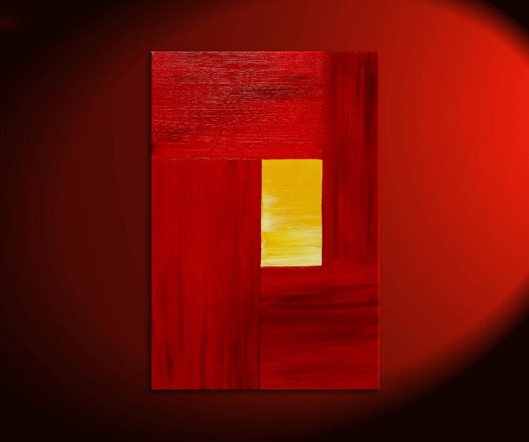 Red Modern Abstract Painting Yellow Accent Color Urban Original Art on Stretched Canvas Featured on TV Custom Version 24x36