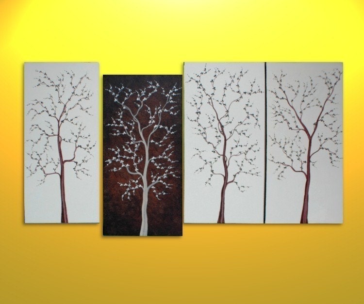 Large Tree Painting for Sale Four Canvases Modern Abstract Art Brown and White Original Zen Wall Art Custom Made 60x30