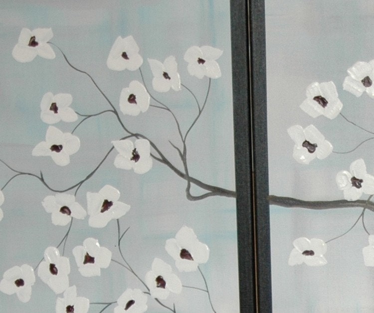HUGE Dogwood Flower Branch Painting Delicate Blues Gray and White Elegant Original Art Spring Blossoms Custom Artwork 72x48