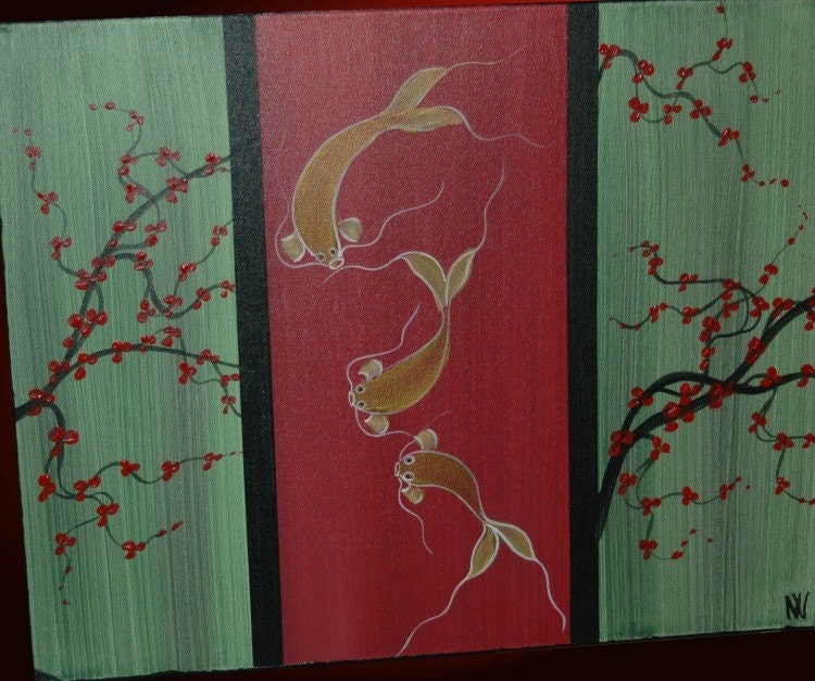 Large CUSTOM Chocolate Brown Green and Gold Cherry Blossom Koi Fish and Bamboo Painting Original Abstract Asian Zen Art 60x16