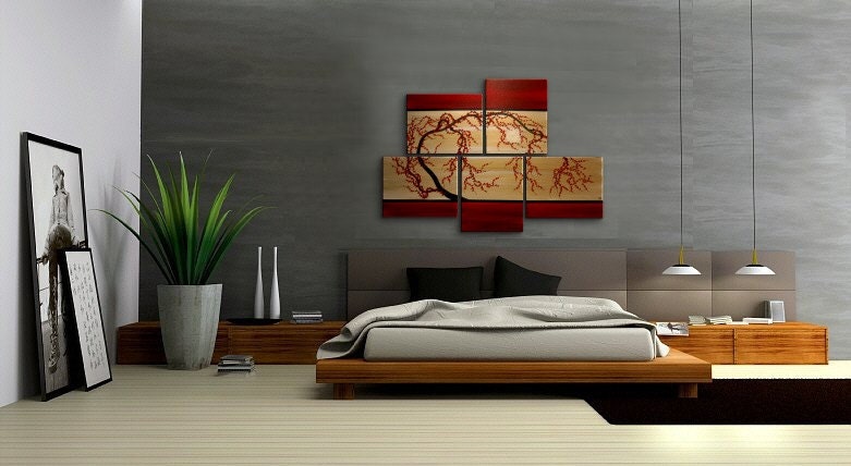 HUGE Zen Wall Art Red and Gold Large Painting Contemporary Abstract Asian Fusion Gnarly Plum Blossom Art Custom 56x40