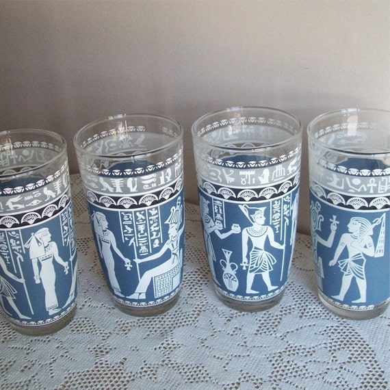 Hazel Atlas Drink Glasses Egyptian Heiroglyphic by Collectique