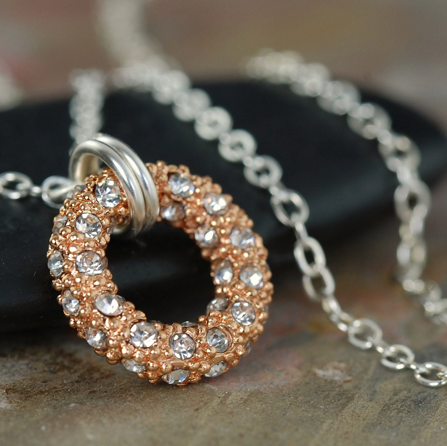 Rose gold pave o ring necklace with sterling silver chain