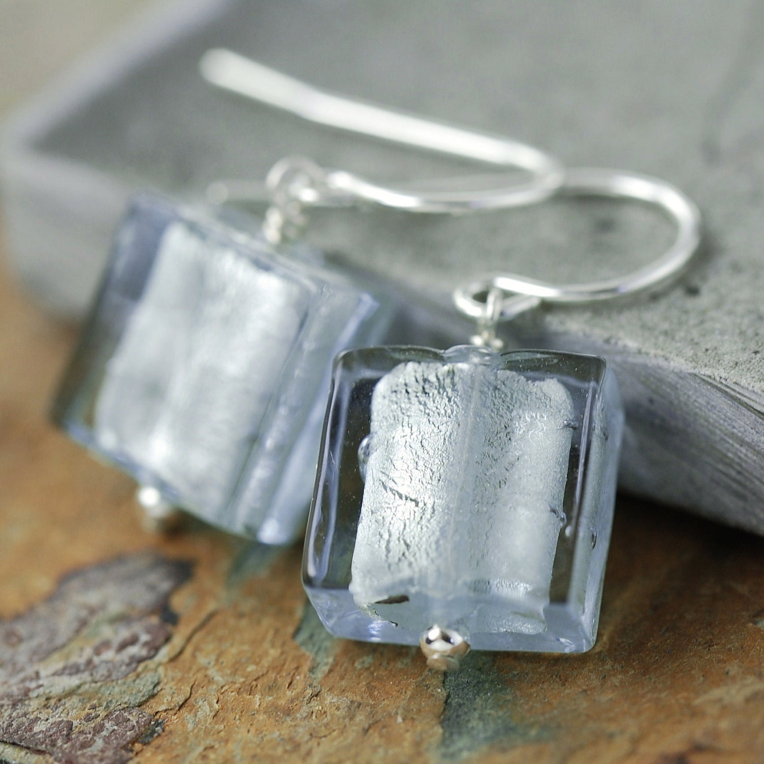 Light Alexandrite flat square Venetian glass earrings