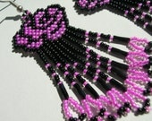 Pink and Black Spring Rose Seed Beaded Dangle Fringed Pierced Earrings
