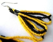 Black and Yellow Cylinder Style Beaded Earrings with Looped Fringe
