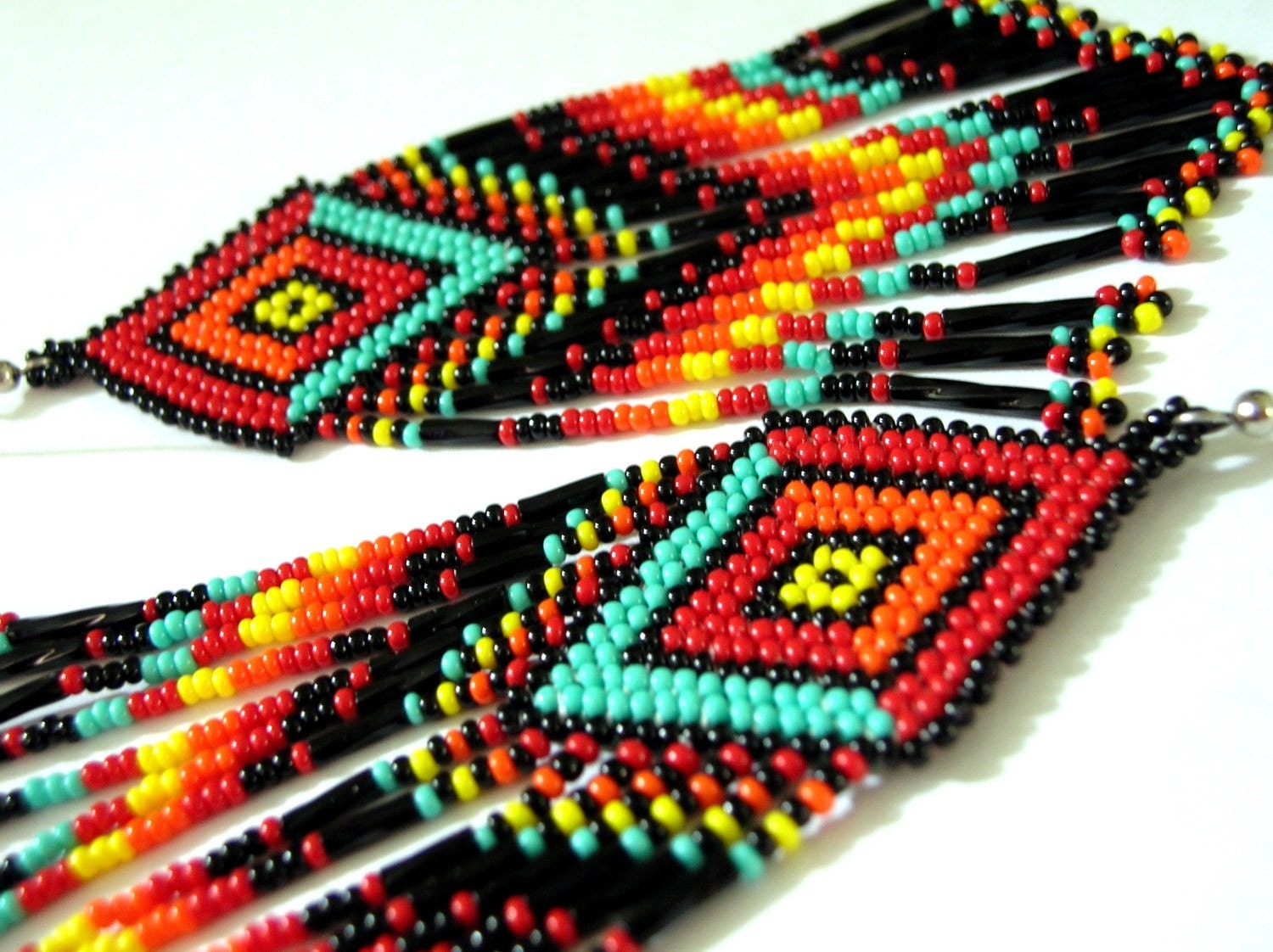 MADE To ORDER Indian Style Rainbow Colored Fringed Brick Stich Seed Beaded Earrings