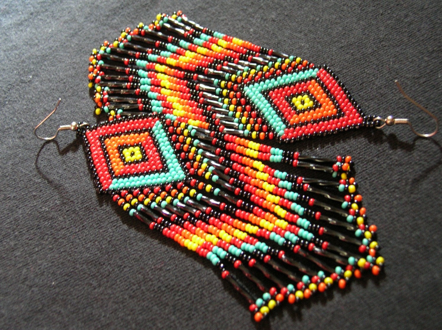 MADE To ORDER Indian Style Rainbow Colored Fringed Brick Stich Seed Beaded Earrings