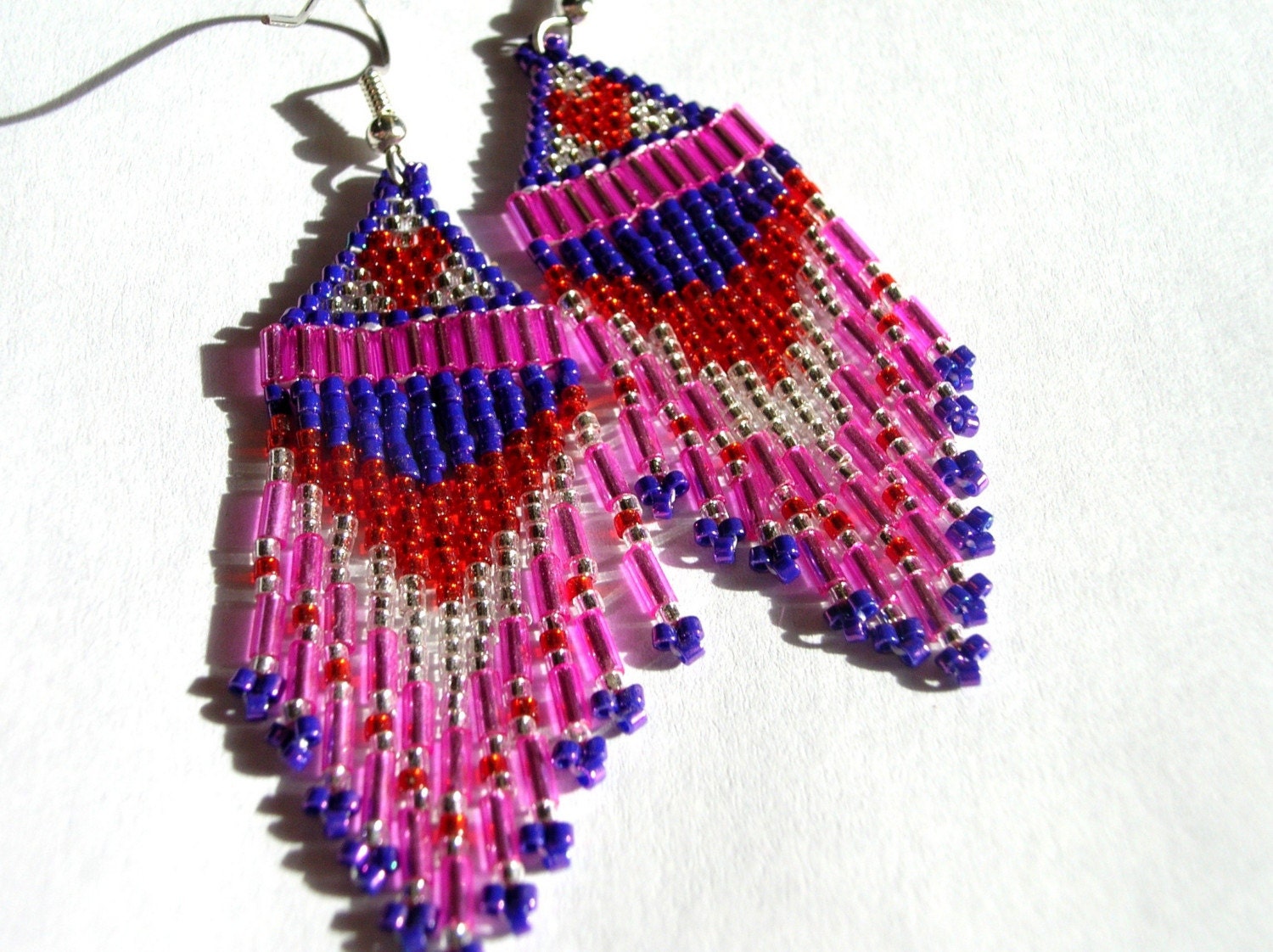Pink, Purple, Silver and Red Heart Beaded Fringed Earrings.