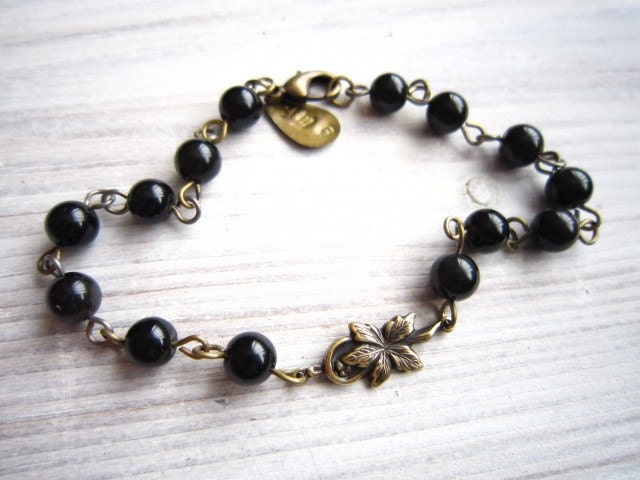 Lauren Vintage Garden Leaf Bracelet in Black Obsidian and Brass