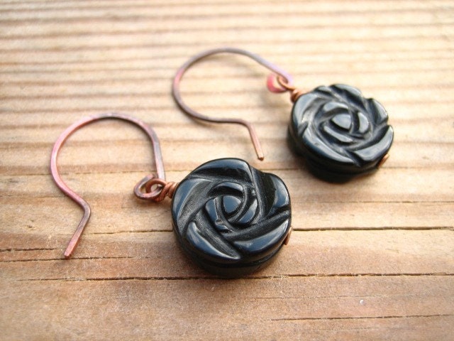 Amelie Carved Rose Drop Earrings in Black Agate and Rose Copper