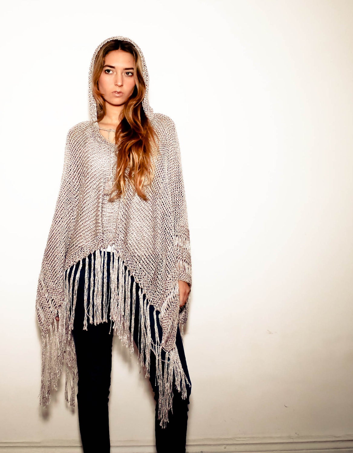 hand knit poncho KATE with hood in silver silk