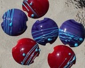 Mod Lentil Bead Set - Royal Colors of Red and Purple Lampwork Beads Wrapped in Raised Stringer (6 beads)