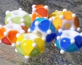 Harlequin Lampwork Bead Set of Blue, Orange, Yellow and Green with Raised White Dots (8 beads)