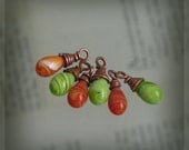 Handmade Glass Dangle / Charms, 3 Red and Orange Swirls, 3 Green and White Swirls, Set of 6